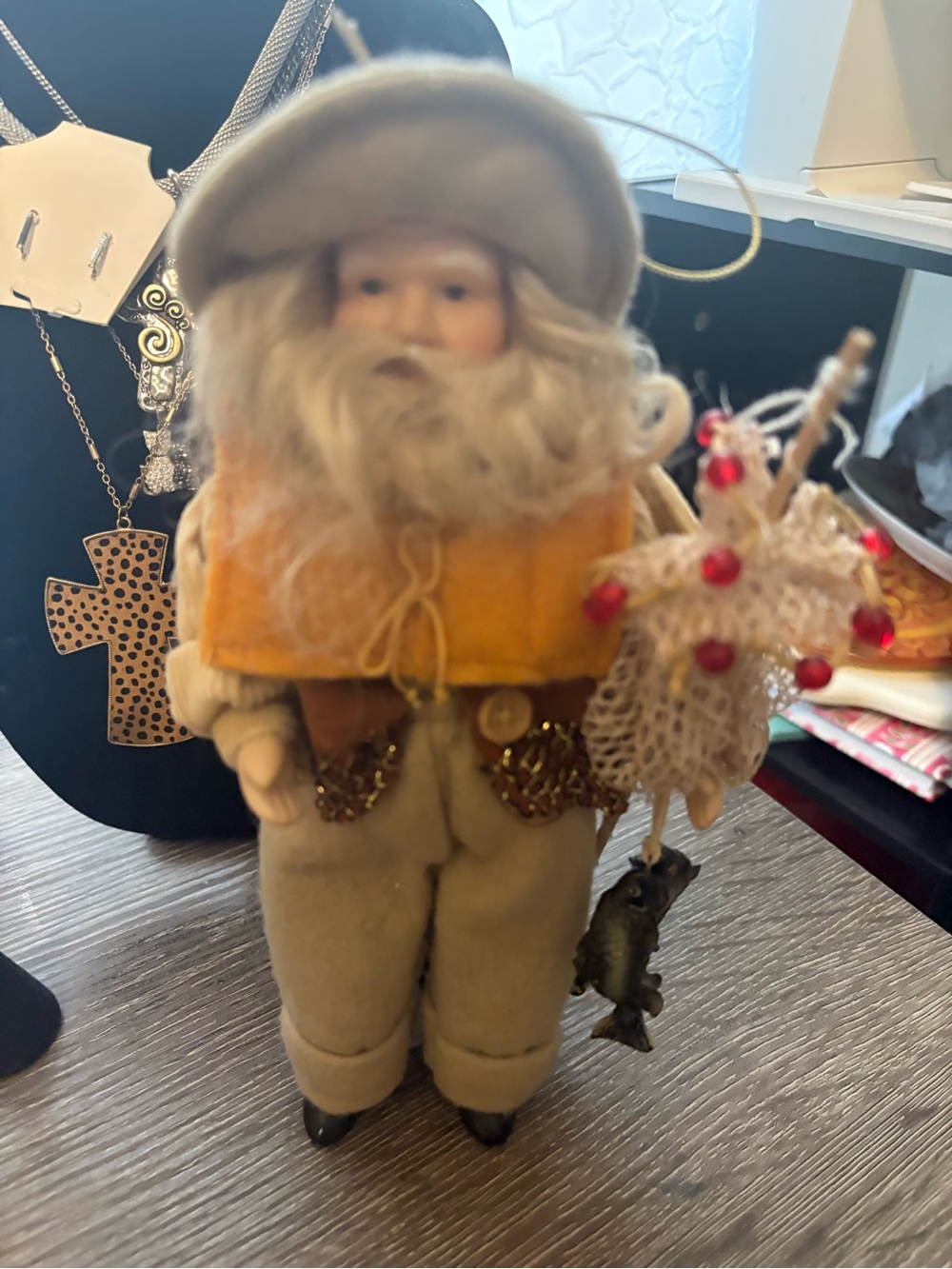 Bearded fishing Santa Figurine in Cream and Gold Accent Home Accent